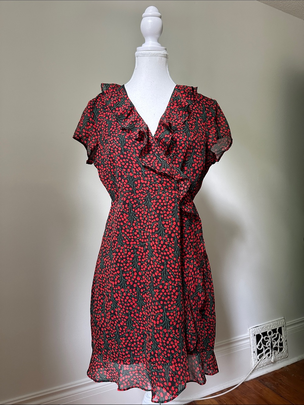 BARDOT Cherry Ruffle Faux Wrap Cottagecore Preppy Summer Mini Dress Medium